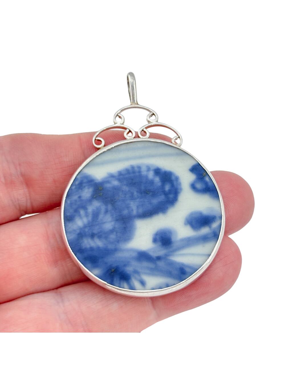 Vintage Sterling Silver 925 Blue White Porcelain Pendant